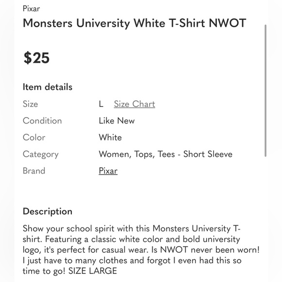 Monsters University White T-Shirt NWOT - Picture 6 of 6